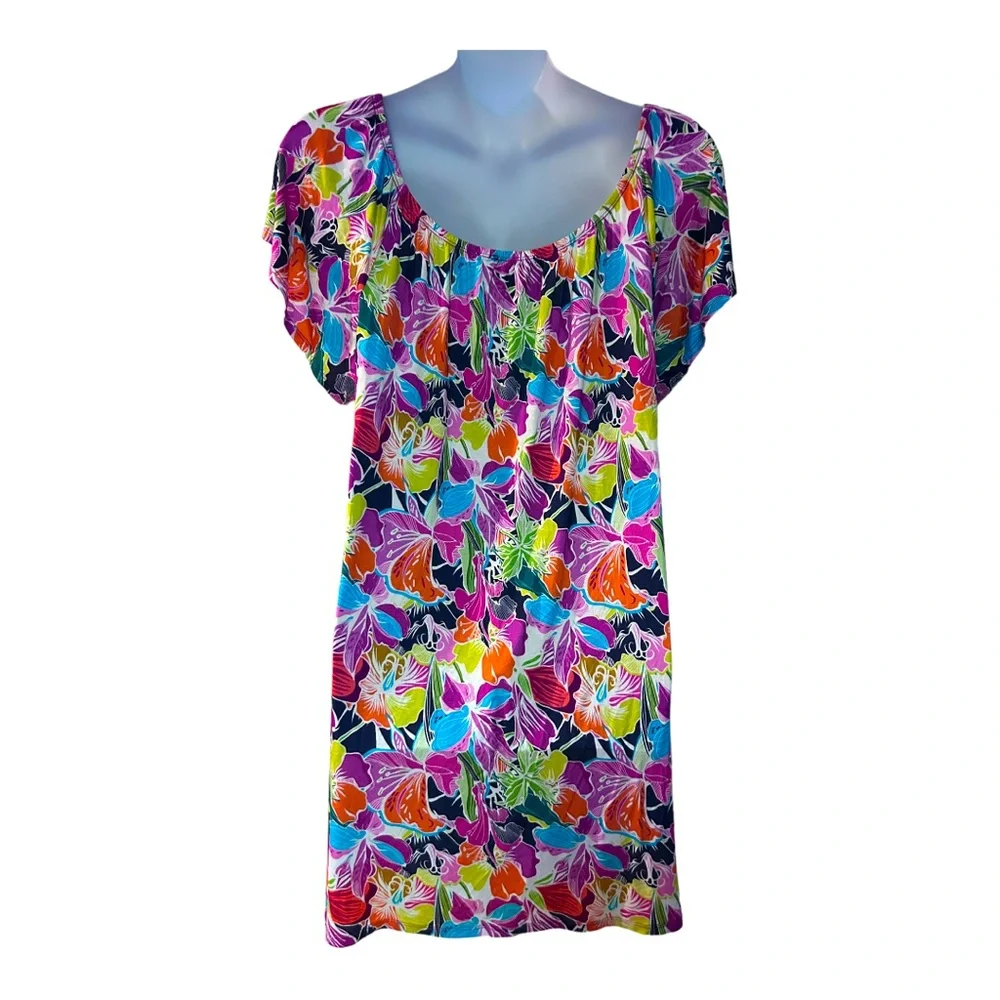 Midnight Velvet Tropical Floral High Low Tunic Casual Office Casual Knit Top - Picture 9 of 13